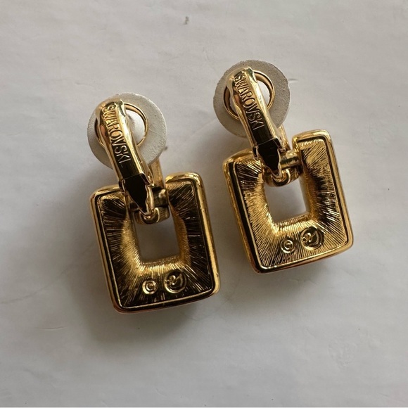 Swarovski Swan Couture Pave Crystal Gold Art Deco Drop Dangle Clip On Earrings - Picture 8 of 16